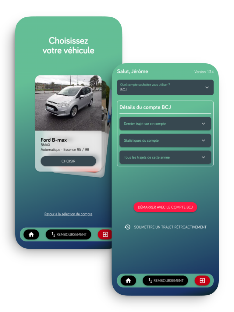 présentation de deux écran de la web app evs pour la gestion d'autopartage